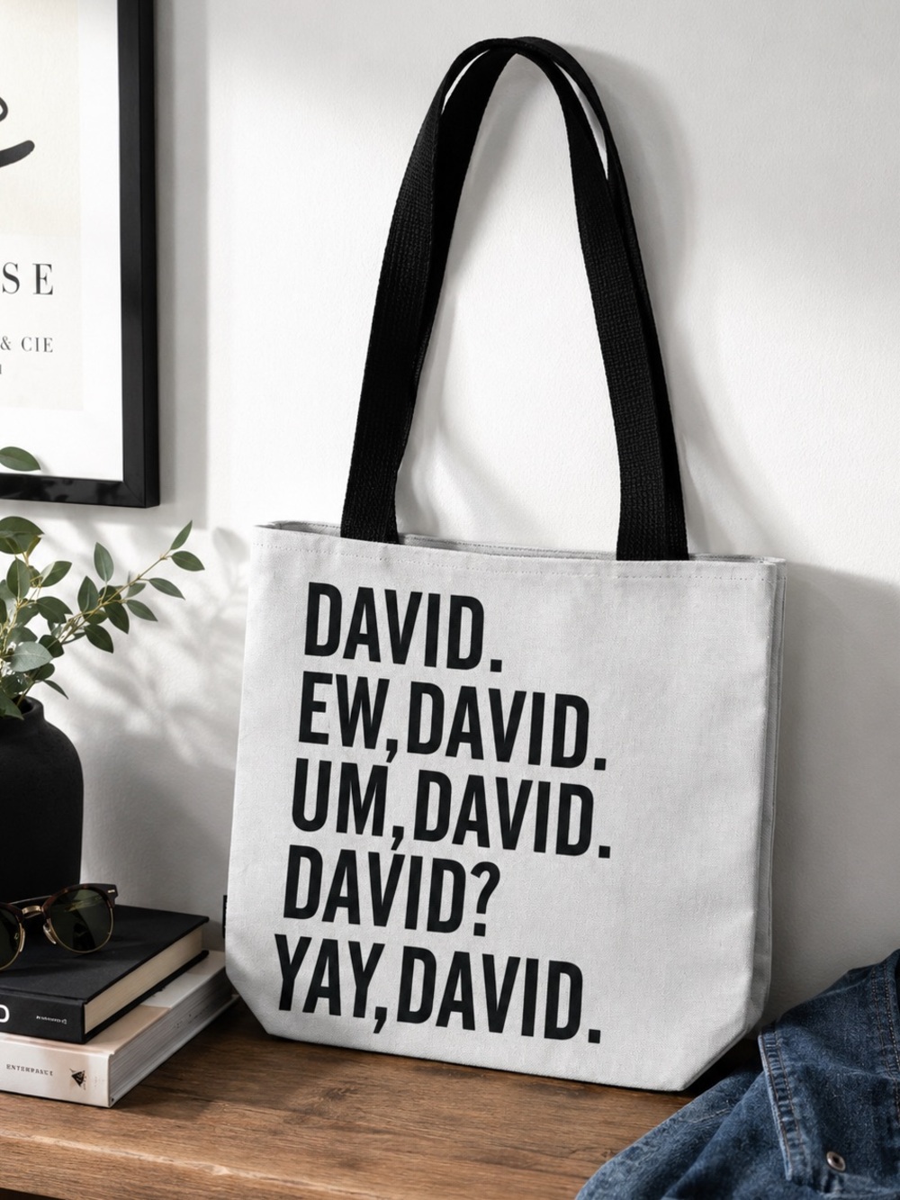 Schitt’s Creek “Ew David” Canvas Tote Bag Black White 12x12